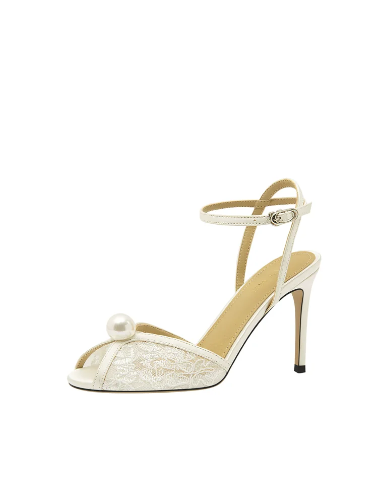 Summer New Rice White Lace Mesh Pearl Wedding Shoes Banquet Dress Large Size Small Size Small Heel High Heel Women's Sandals