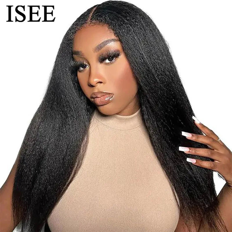 

ISEE Hair 6X4 HD Kinky Straight Lace Front Wig Wig Wear And Go Glueless Human Hair Wig Pre Cut Preplucked Glueless Closure Wig