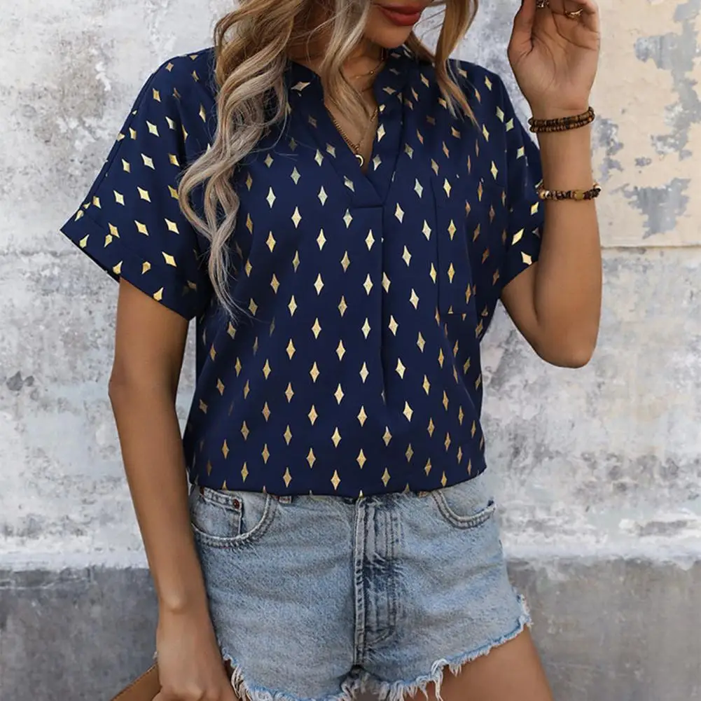 

Breathable Hot Stamping Shirt Stylish Women's V-neck Tunic Blouses Breathable Summer Tops with Rhombus Pattern Loose Fit for A