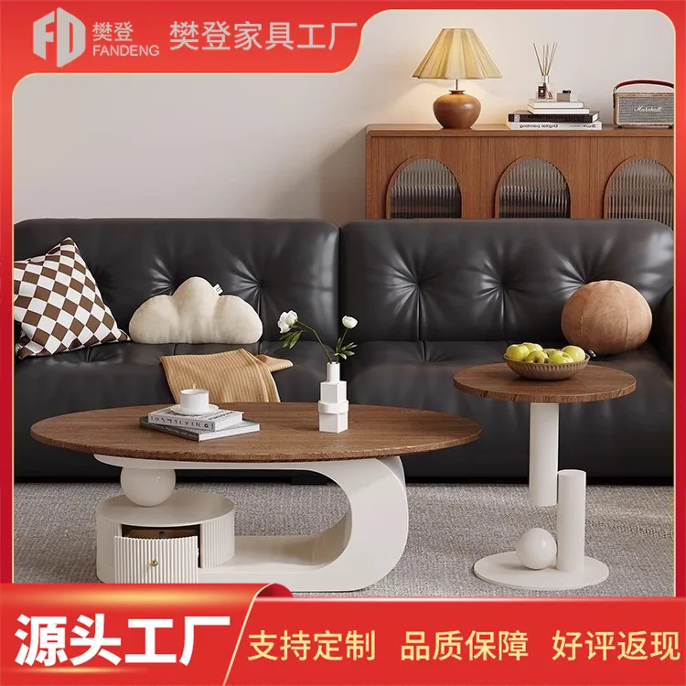 

Cream style oval modern light luxury coffee table small apartment walnut color living room home tea table combination new