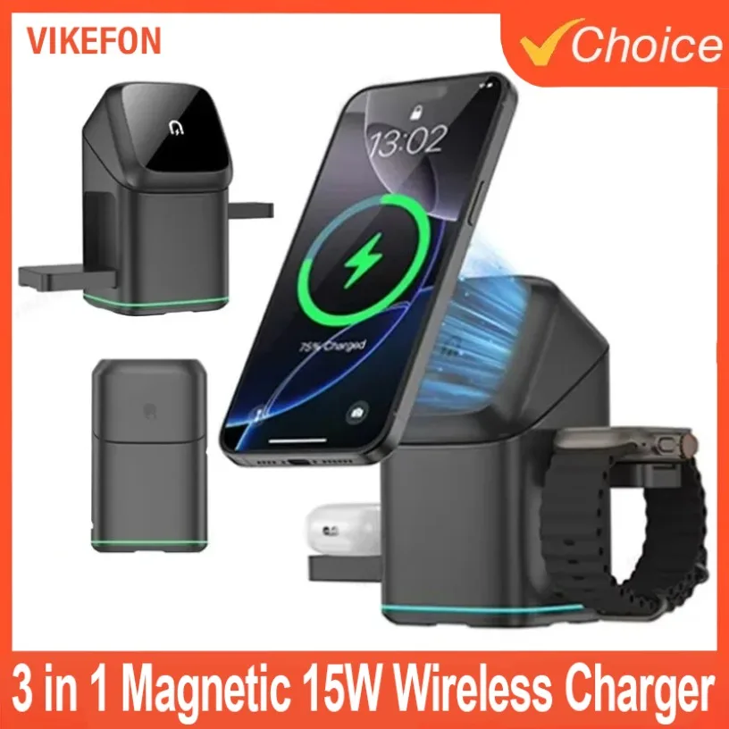 

3 in 1 Wireless Charger Stand Magnetic 15W Fast Charging for iPhone 12 13 14 15 16 Apple Watch 9 8 7 6 5 Airpods 2 3 Pro