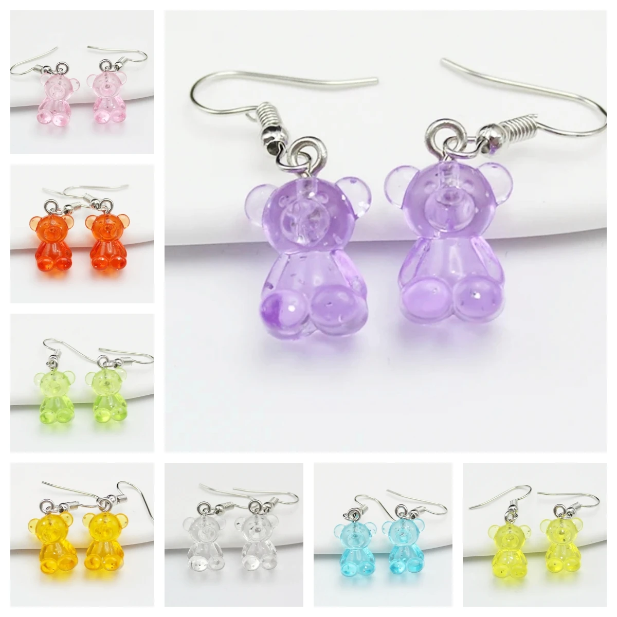 8 Candy Colors Acrylic Resin 3D Little Bear Drop Earrings Korean Exquisite Transparent GLITTER  Jewelry Accessories Girl Gift