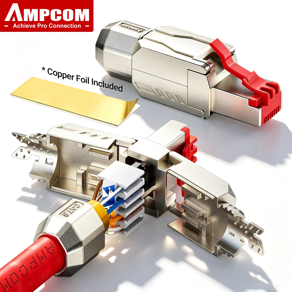 AMPCOM Tool Free RJ45 Plug CAT8 CAT7 CAT6A CAT6 Zinc-Alloy STP 40Gb 2000Mhz RJ45 Connector for 22-26AWG Cable 2Pcs-pack