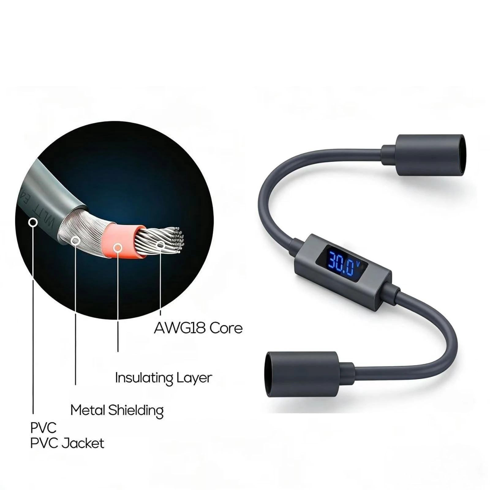 For Starlink Mini DC Extension Cable Adapter 30CM Waterproof Power Hole Extender with Current and Voltage Digital Display Cable