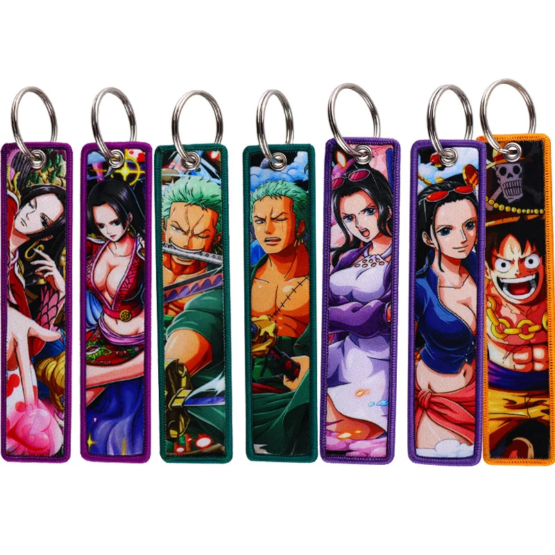 Anime One Piece Label Keychain Luffy Zoro Action Figures Fabric Woven Label Key Ring Accessories for Car Bag Key Chain Toys Gift