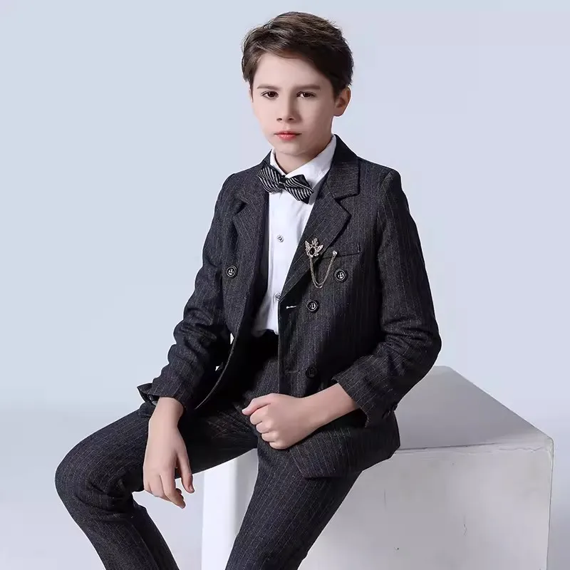 Boys Stripe Wedding Suit Kids Prom Show Photography Suit Children Piano Party Jacket Vest Pants 3PS Double Breasted Tuxedo Dress