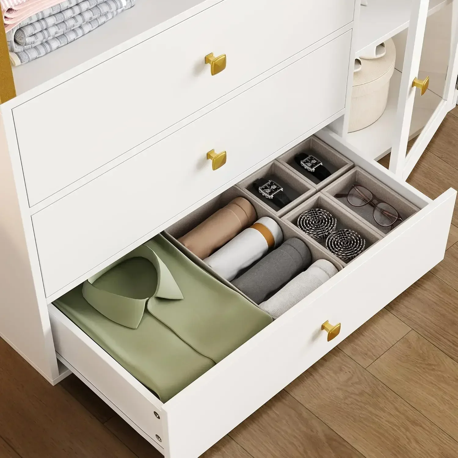 [Spedizione gratuita! ]Sistema di organizer per armadio, porta abiti da 81,3 pollici di altezza con 3 cassetti in legno e ripiani portaoggetti, appendiabiti con sospensione