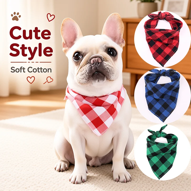Cotton Plaid Pet Bandana Triangular Scarf Bib Bow Tie Collar Kerchief For Small Medium Large Dog Puppy Cat Daily Wear Photo Prop