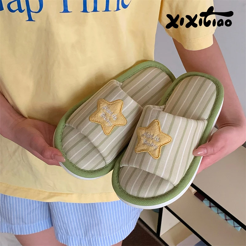XIXITIAO Summer Cute Star Striped For Women Soft Comfort Indoor House Slides Casual Flat Shoes Open Toe Linen Cotton Slippers image 4