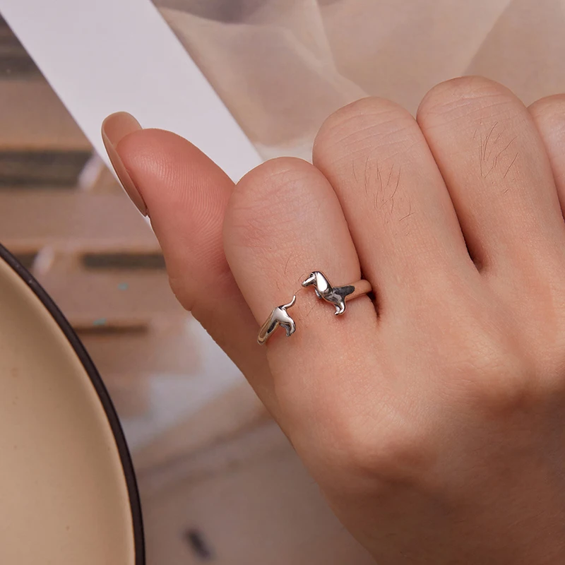 WOSTU Real 925 Sterling Silver Cute Dachshund Dog Adjustable Rings