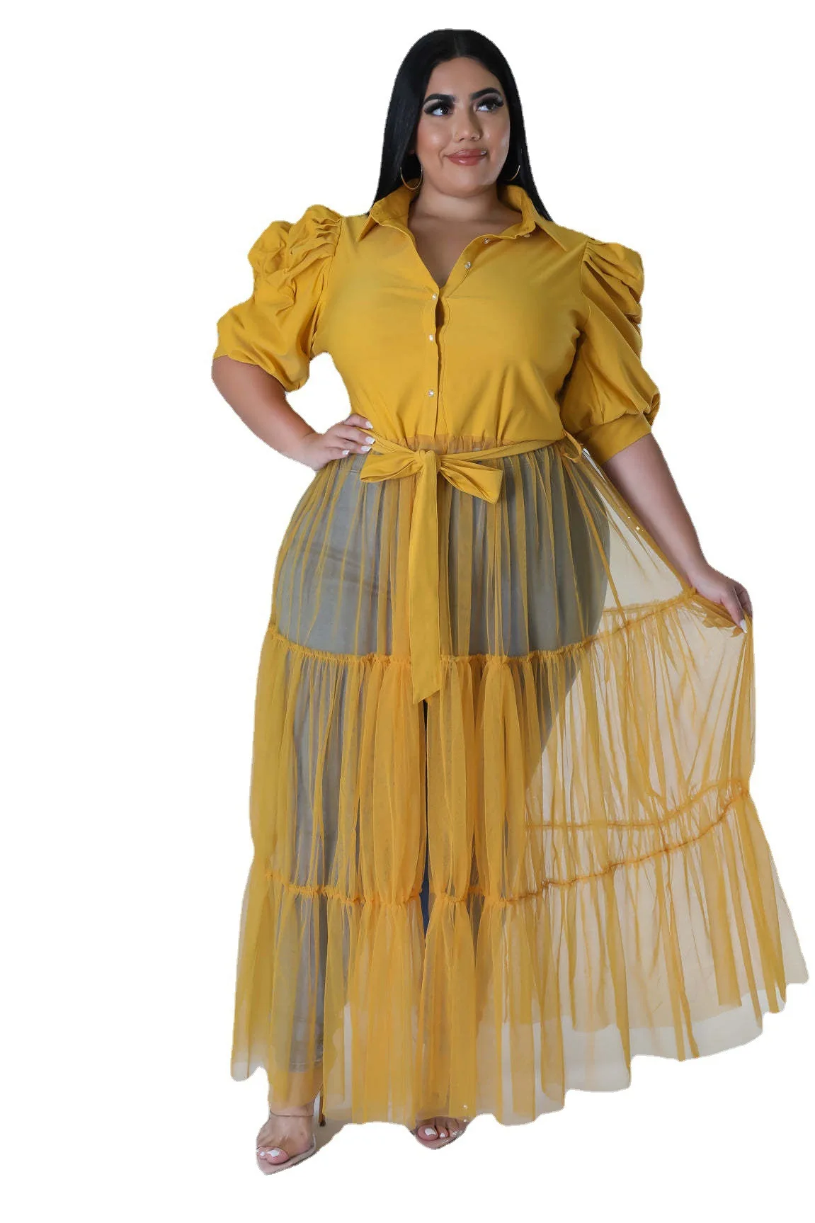 Hot Sale Plus Size Mesh Women Casual Dress Pleats Half Sleeves Patchwork Belt Sexy Party Club Shirt Dresses Oversize 5XL