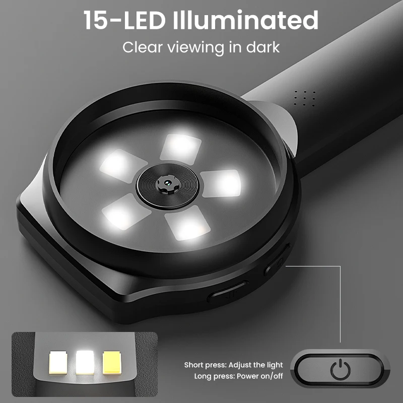 2.8인치 IPS 스크린 디지털 돋보기 휴대용 핸드헬드 비디오 현미경 HD1080P 100X 줌, PCB 수리용 15LED 포함, 동전 검사용