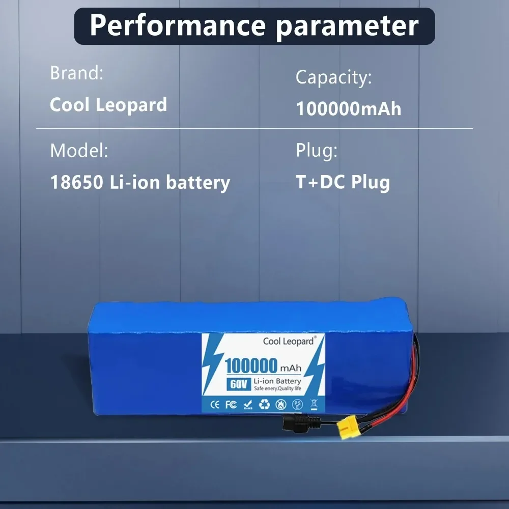 Lithium Ion Battery 16S3P 60V 100Ah Rechargable 18650 Battery Pack High Power BMS for Electric Scooter Battery+67.2V 2A Charger