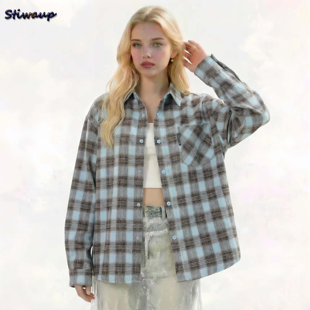

Красивые женские блузки: Американская винтажная рубашка в клетку, синяя, высокого качества, женская одежда, весенний женский топ с длинным рукавом