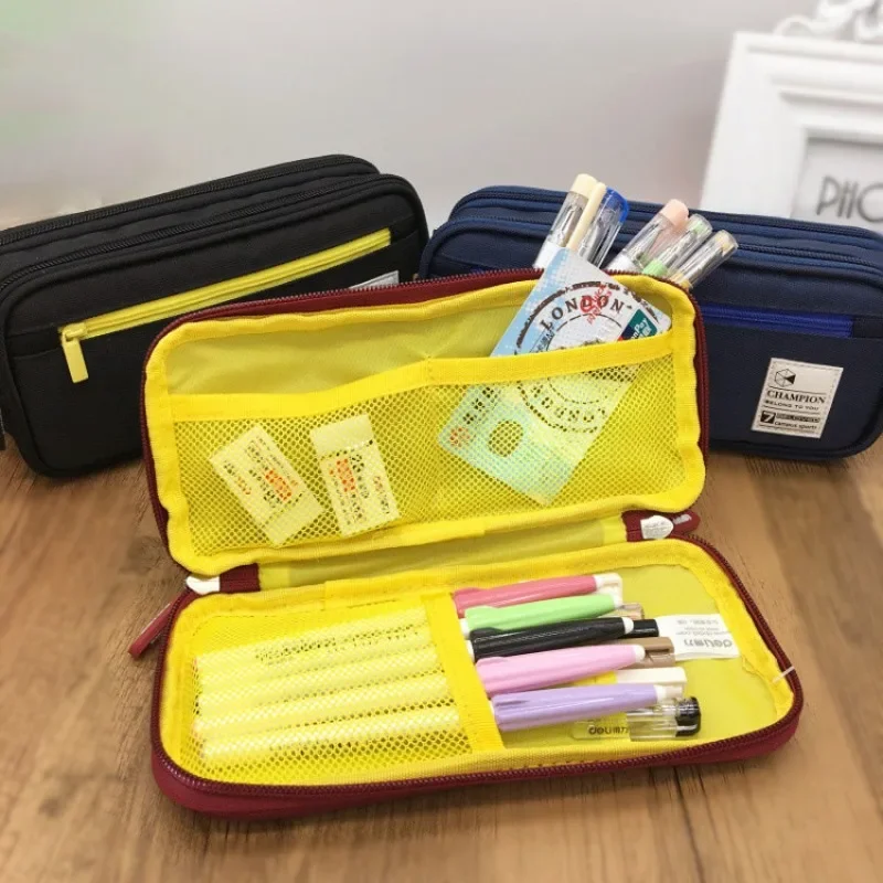 Japanese Simple 2-Layer Pencil Case Multi-functional Large Capacity Mesh Layer Boy Pen Bag Stationery Organizer School Supplies