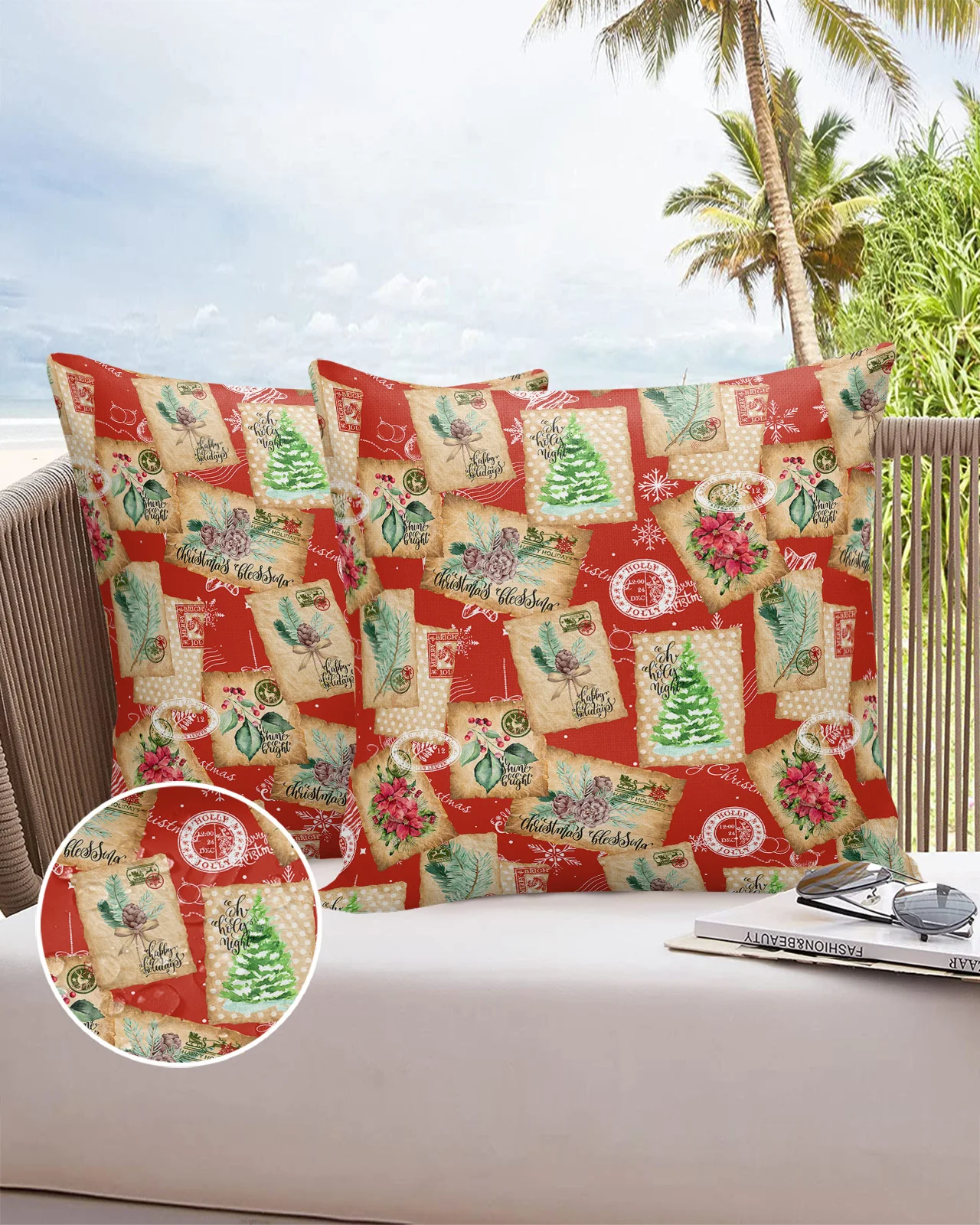 2/4PCS Christmas Retro Envelope Stamp Waterproof Decorative Sofa Throw Pillow Cover Case Garden Patio Cushion Covers