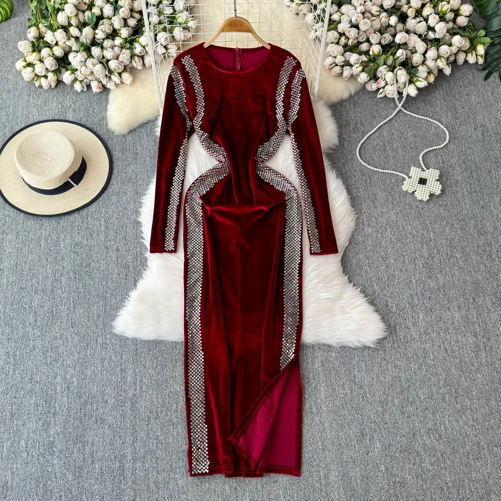 Elegant Long Sleeves Vintage O-neck Chic Rhinestone Velvet Slim Split Pencil Dresses Evening High Street Autumn Winter Clothing