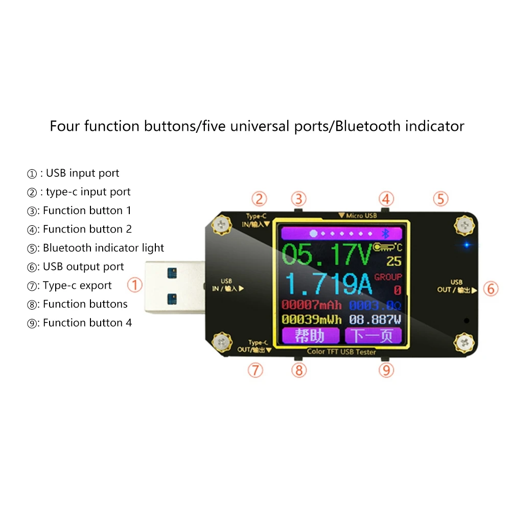Detector USB Multifuncional Tipo C com Display Digital, Instrumento de Medição de Capacidade, Medidor de Tensão e Corrente, Pd