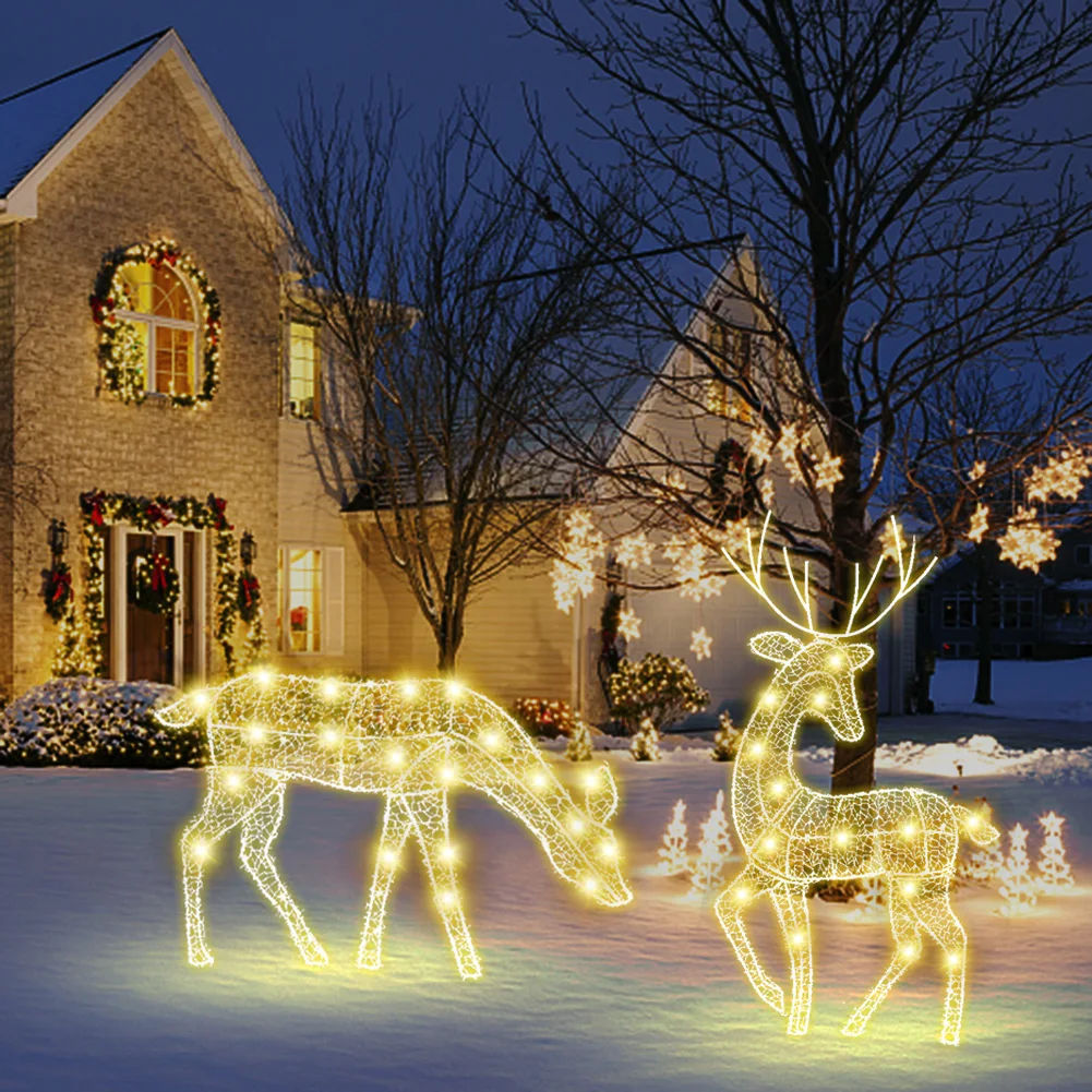 Iron Art Elk Deer Statue Christmas Garden Decoration LED Light Glowing Glitter Reindeer Xmas Home Outdoor Yard Ornament Decor