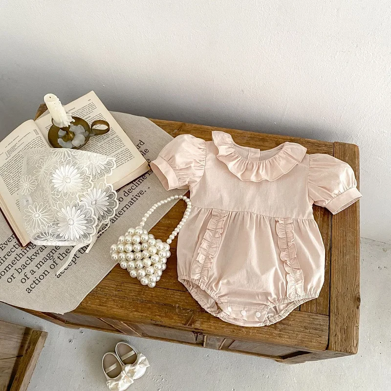 

2024 Summer Baby Romper 0-2Years Newborn Girls Solid Color Puff Sleeve Ruffles Collar Cotton Bodysuit One-Pieces Outfits Clothes