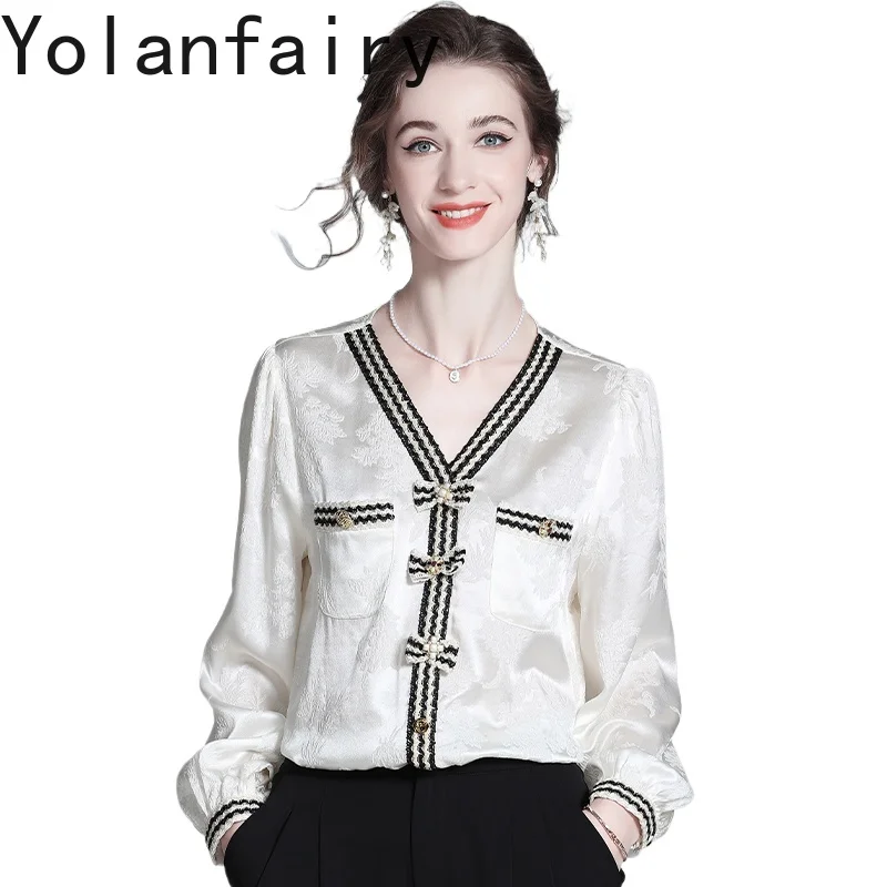 

YOLANFAIRY, новые женские блузки из 95% натурального шелка тутового шелка, осенние элегантные белые рубашки с v-образным вырезом и длинными рукавами, жаккардовый женский топ, блузка