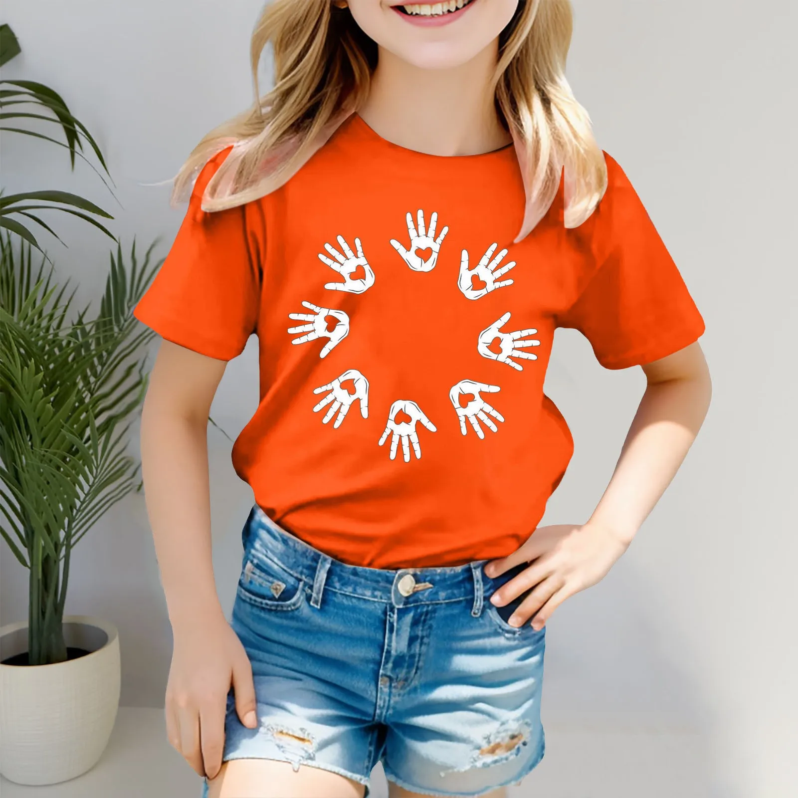 Love Heart Print Tee Orange Shirt For Kids Girls Short Sleeve Tee O-neck T Shirt Casual Fit  Comfy Shirts Non Sweat Undershirt