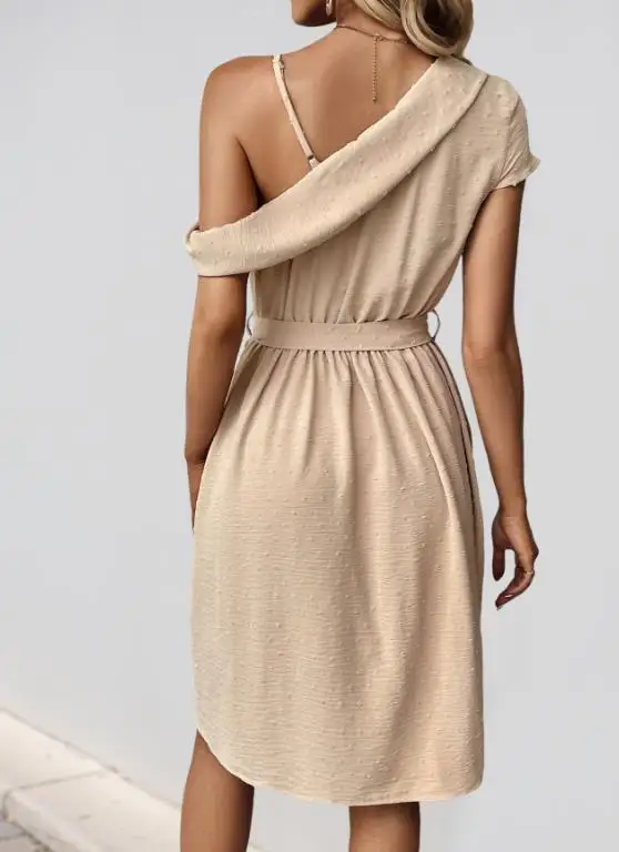 

2026 Summer Arrival: Elegant and Mature Polka Dot Jacquard Asymmetrical Neckline, One-Shoulder Design, Tie-Waist Slim Fit Dress