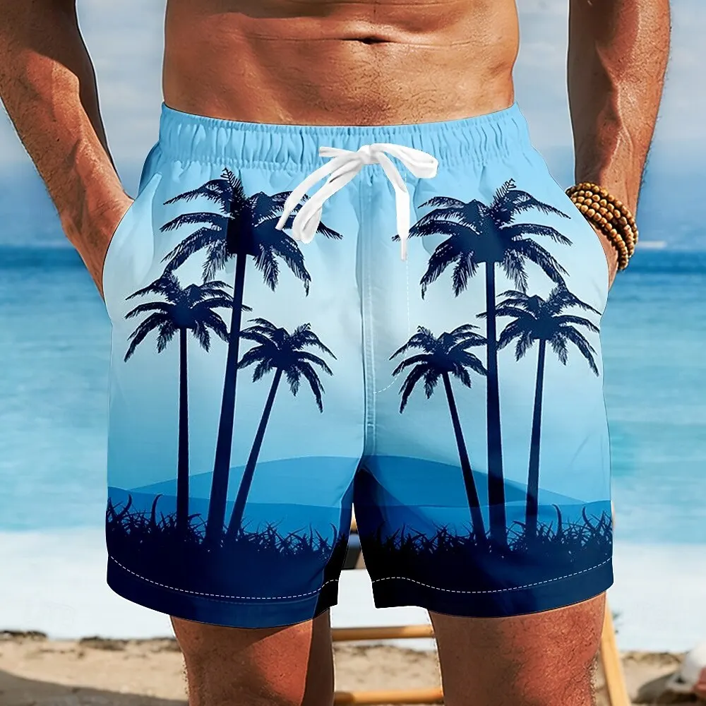 

Мужские плавки-шорты с тропическим гавайским принтом, полосатым узором с кокосовыми пальмами, средней посадкой и завязками на талии, для весны и лета