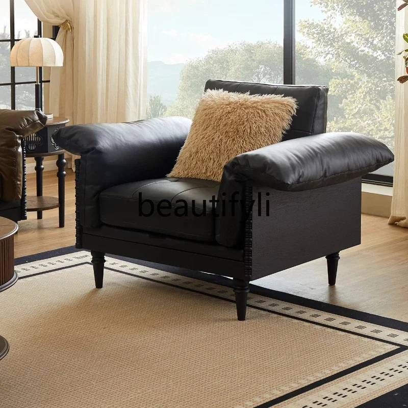 

French retro leather single sofa chair solid wood living room home American first-layer cowhide bedroom leisure chair
