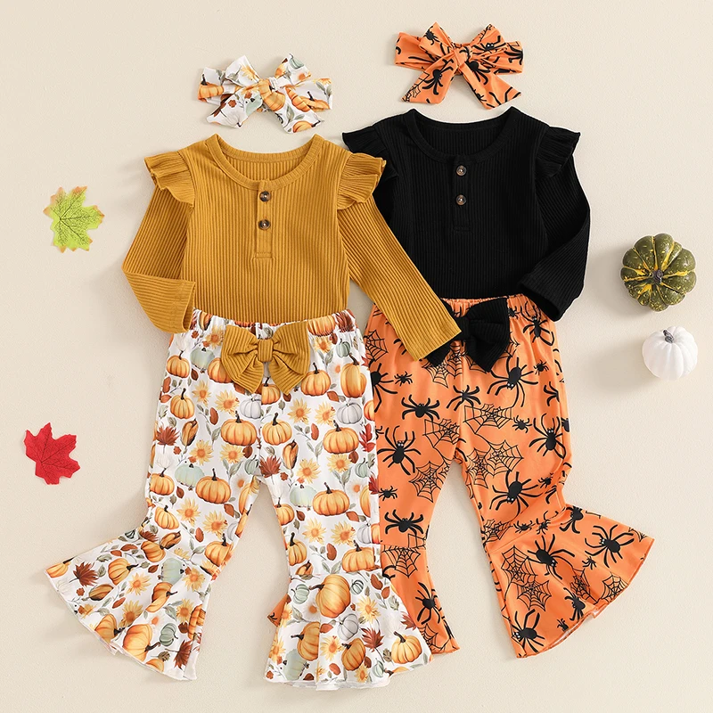 

Toddler Baby Girl Halloween Outfits Solid Color Long Sleeve Romper Pumpkin/Spider Print Flare Pants Headband 3Pcs Clothes Set