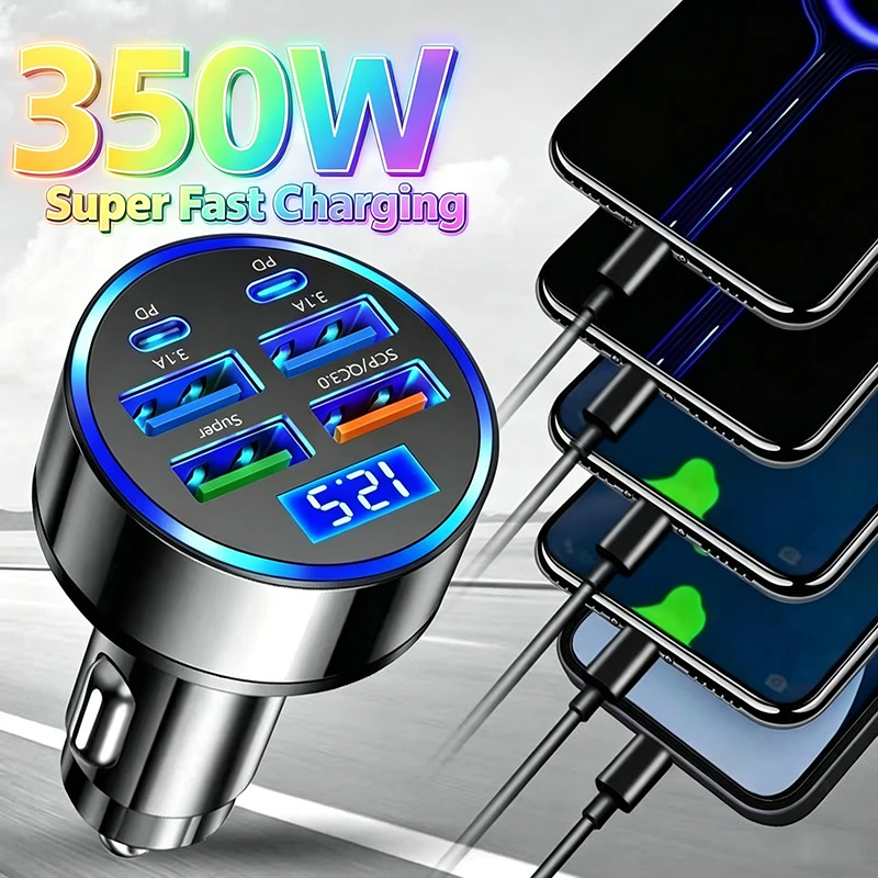 350W/250W USB Type-C Car Fast Charger 4-ports/6-ports Phone Charger With Digital Display For Multy Device QC 3.0 Quick Charging