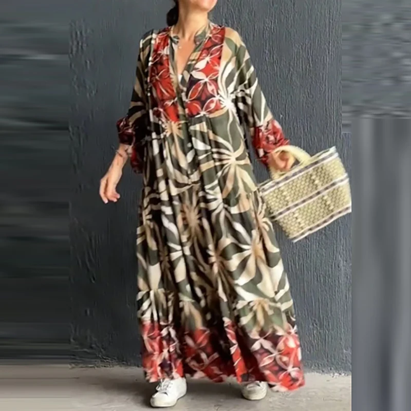 Ladies V Neck Leaf Print Loose Maxi Dress New Fall Vintage High Waist Pleated Bohemian Dress Casual Long Sleeved Commuting Dress