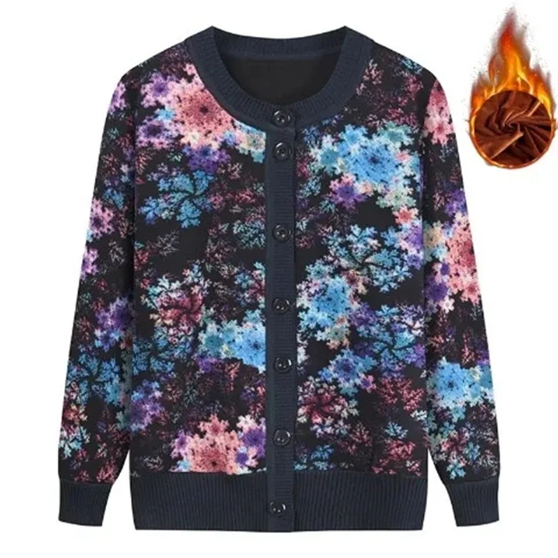 

Вязаный кардиган для мам среднего возраста, осень-зима, женский бархатный свитер с длинными рукавами, топы, 2025 г., женская вязаная куртка с круглым вырезом