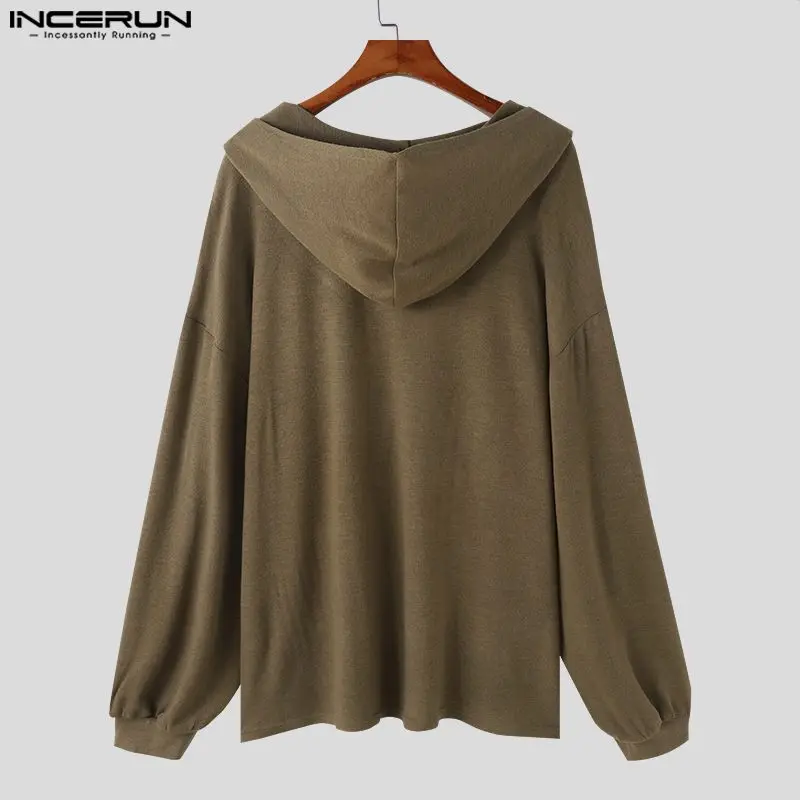 INCERUN Men Pullovers Solid Color V Neck Long Sleeve Knitted Hooded Casual Sweaters Streetwear Autumn 2024 Fashion Men Clothing