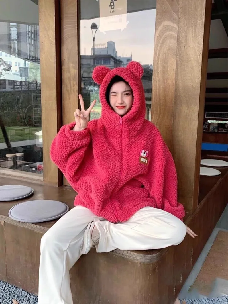 AnimePeripherals 디즈니 만화 귀여운 Lotso 자수 재킷 새로운 여성용 짧은 두꺼운 따뜻하고 편안한 재킷 모피 코트