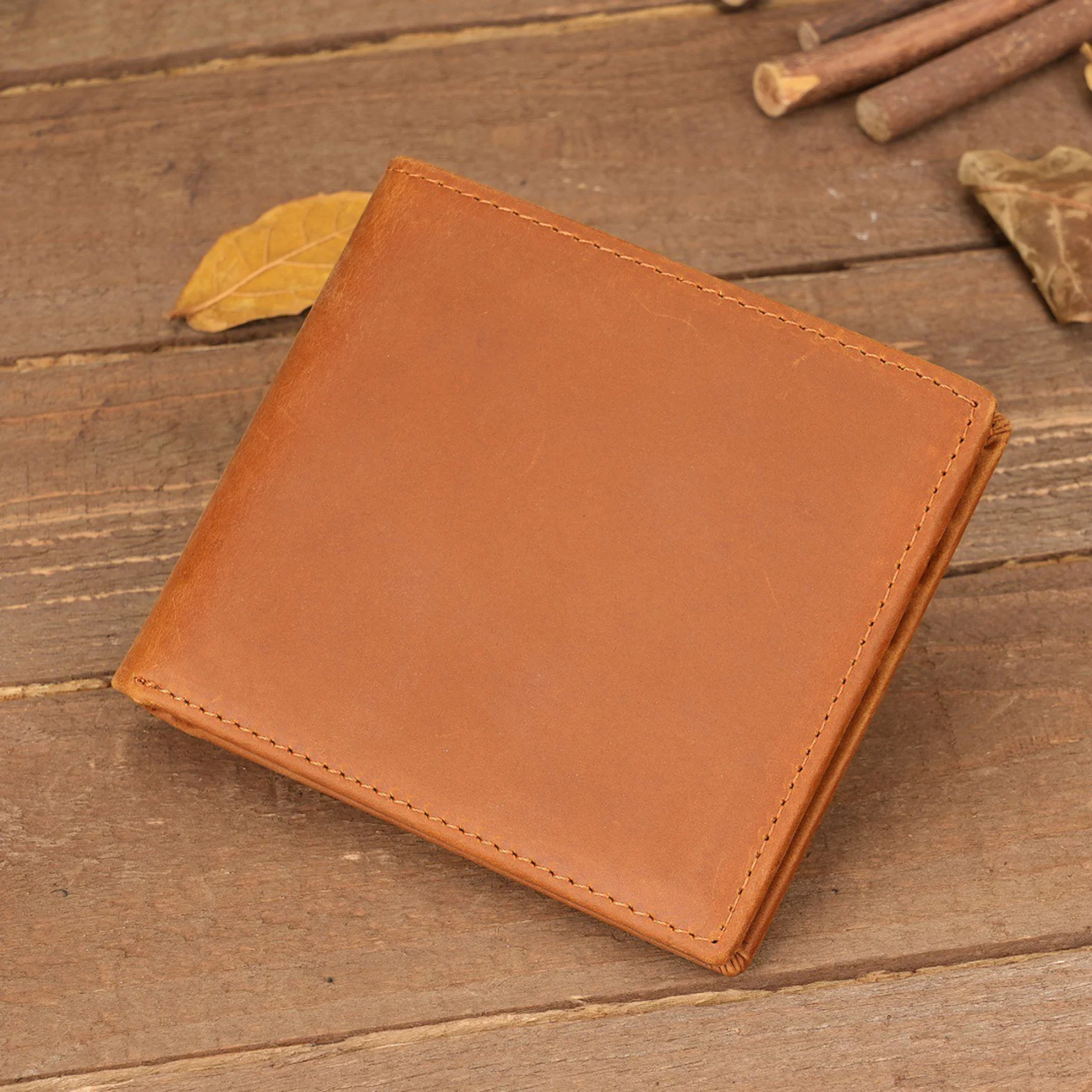 Leather Wallet Vintage Business Casual for Men Personalized Engraved Crazy Horse Hide RFID Blocking Bifold Purse Gift