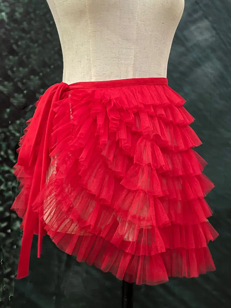 Original Dancing Running Women's Yoga Pants Hip Covering Half Body Sports Apron High Waist Lace-up Elegant Ruffles Mesh Skirt