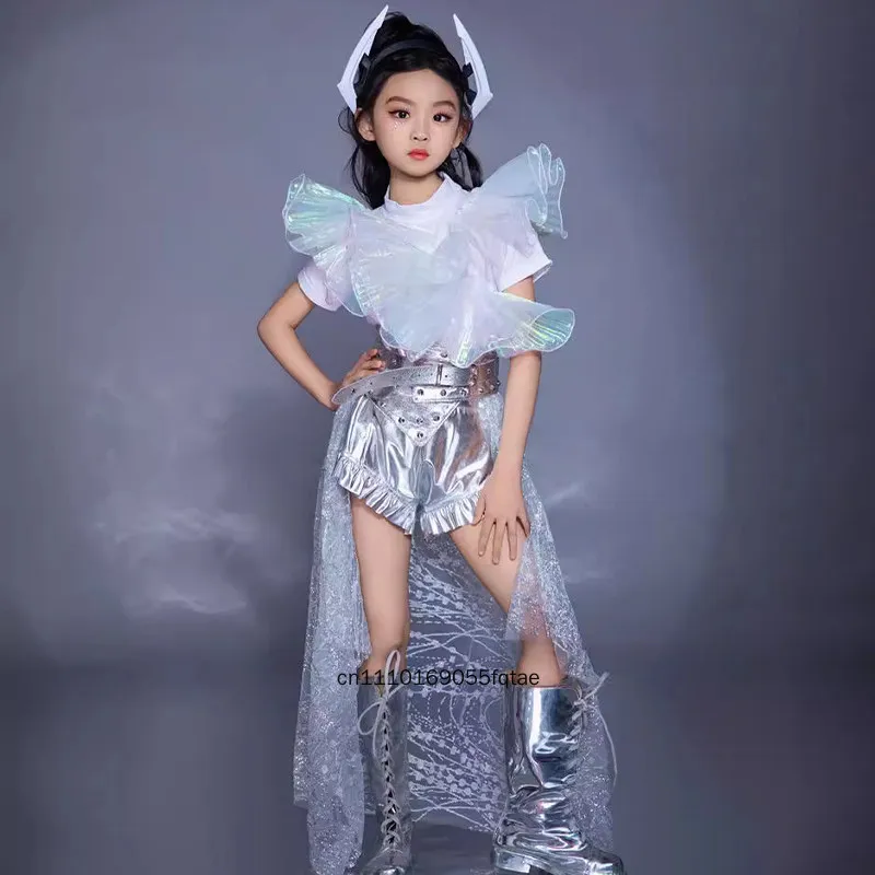 Girls Metallic Futuristic Catwalk Dress Robot Cyberwear Sequin Glitter Long Train Performance Costume For Teenagers Stage Show