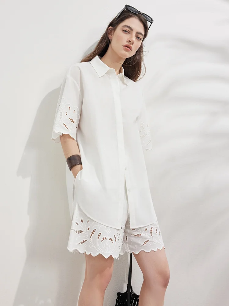 

Elegant Hollow out Embroidered Half Sleeve Shirt Top And Shorts Spring Summer Fashion Set Women's Breathable Cotton Outfit
