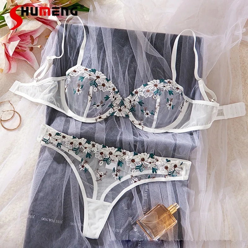 Sheer Embroidery Sexy Lingerie for Women Ultra Thin Cup Bra Set with Underwire Female Large Bust Underwear Brief Suits