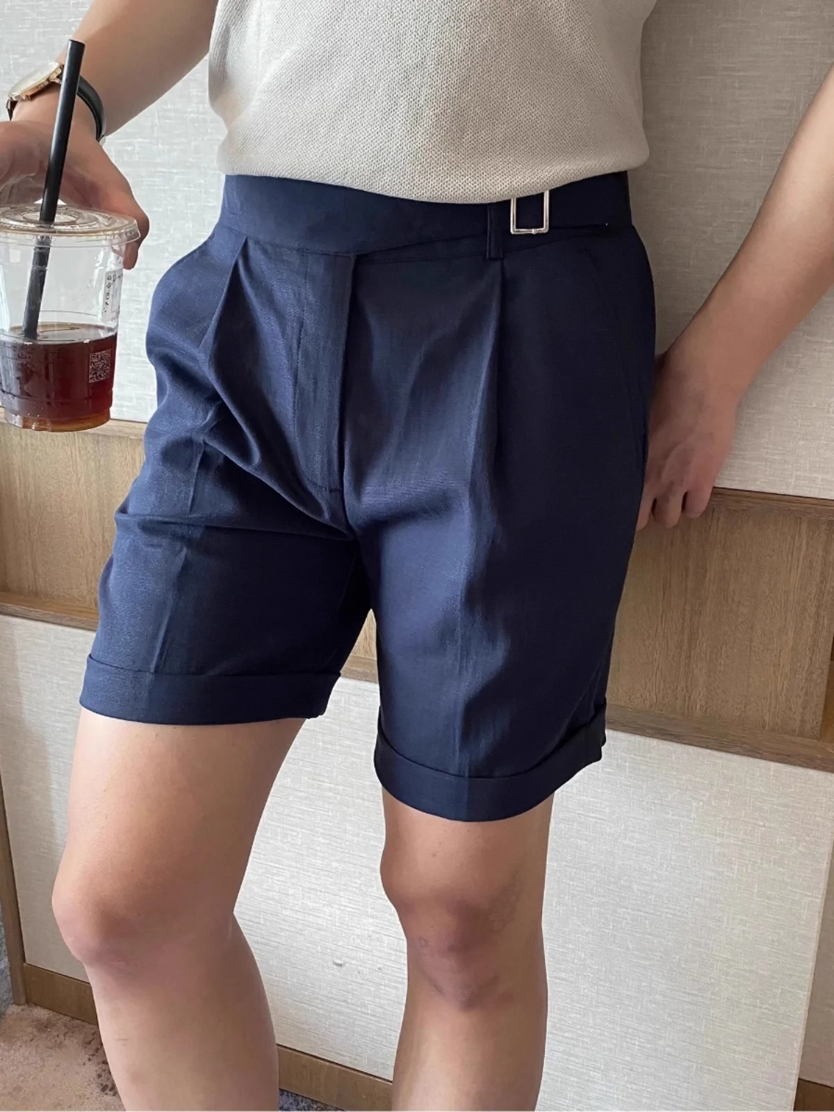 

High Waist Casual orts Men's Summer Busin Naples Straight Leg Crease Resistant Pants Gentleman Five-Quarter Suit Pants