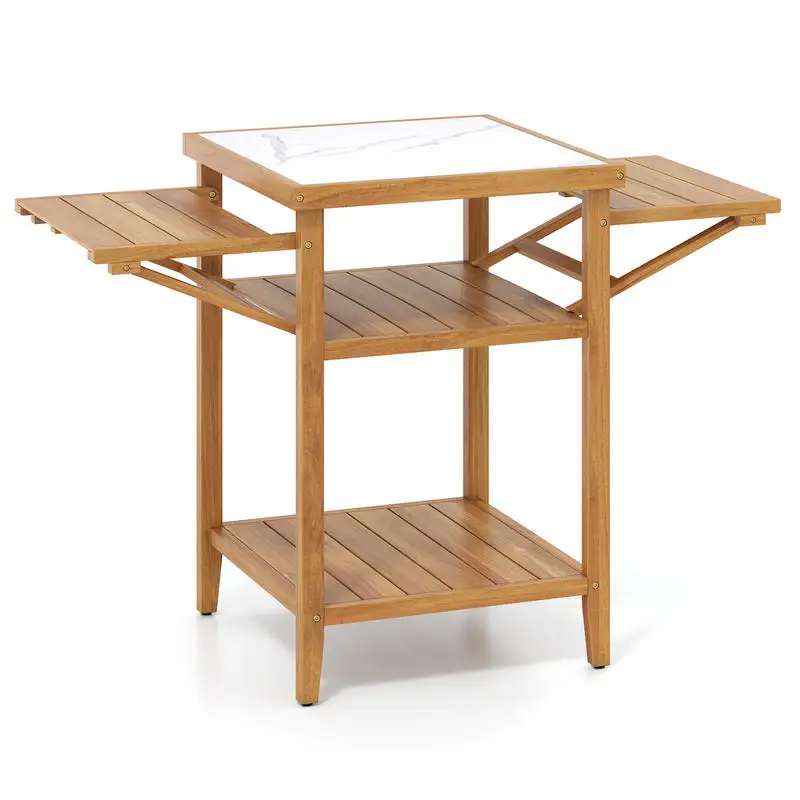 Single Outdoor Grill Table Barbecue Prep Station Marble-Look Top Foldable Side Shelf Double-Tier Storage Adjustable Feet For Patio Cooking Prep