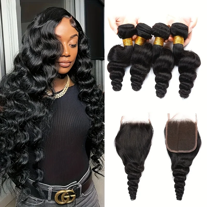 Peruvian Loose Wave With 5x5 Lace Closure Human Hair Extensions 4 Bundles With 5x5 Closure Free Part Natural Hair Bundles