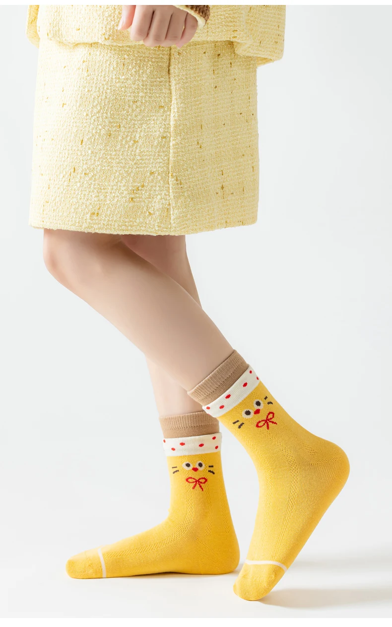 5 Paar Kinder Sommer Dünne Socken Nahtlos Blasenfrei Niedlicher Cartoon-Katzen-Kuchen-Druck Atmungsaktive Mesh-Baumwollsocken Wadenlange Socken für Mädchen 1 – Detail 11