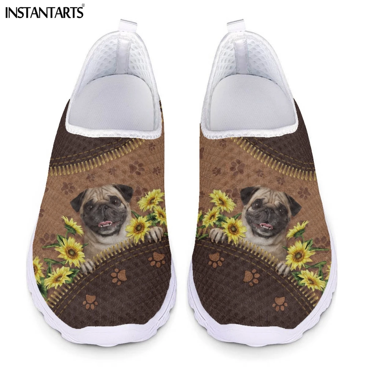 INSTANTARTS Brown Leather Bull Dog Sunflower Print Ladies Mesh Sneakers Breathable Flats Summer Casual Slip-on Loafers Zapatos