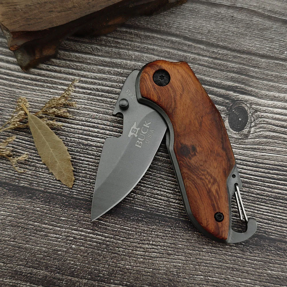 BK X48 Tactical Pocket Knife Wooden Handle 5Cr13Mov Steel Blade Outdoor EDC Folding Kinfe for Camping Hiking Self-denfense