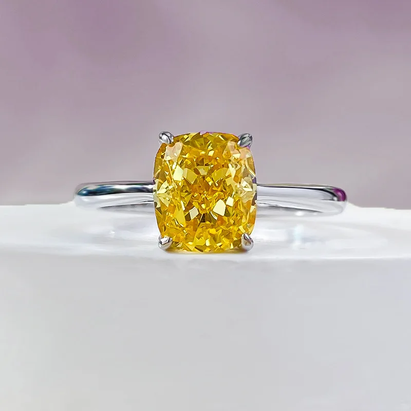 S925 Silver 1.25 Carat Pillow Shaped Yellow Diamond Ring Square Simulated Diamond Ring, Unique Fashion Personality