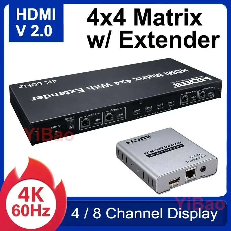 

4K 60Hz 4X4 Matrix HDMI 2.0 4x4 HDMI Matrix with Extender Via Cat5e Cat6 Rj45 Ethernet Cable Switch Splitter 4 8 Channel Display