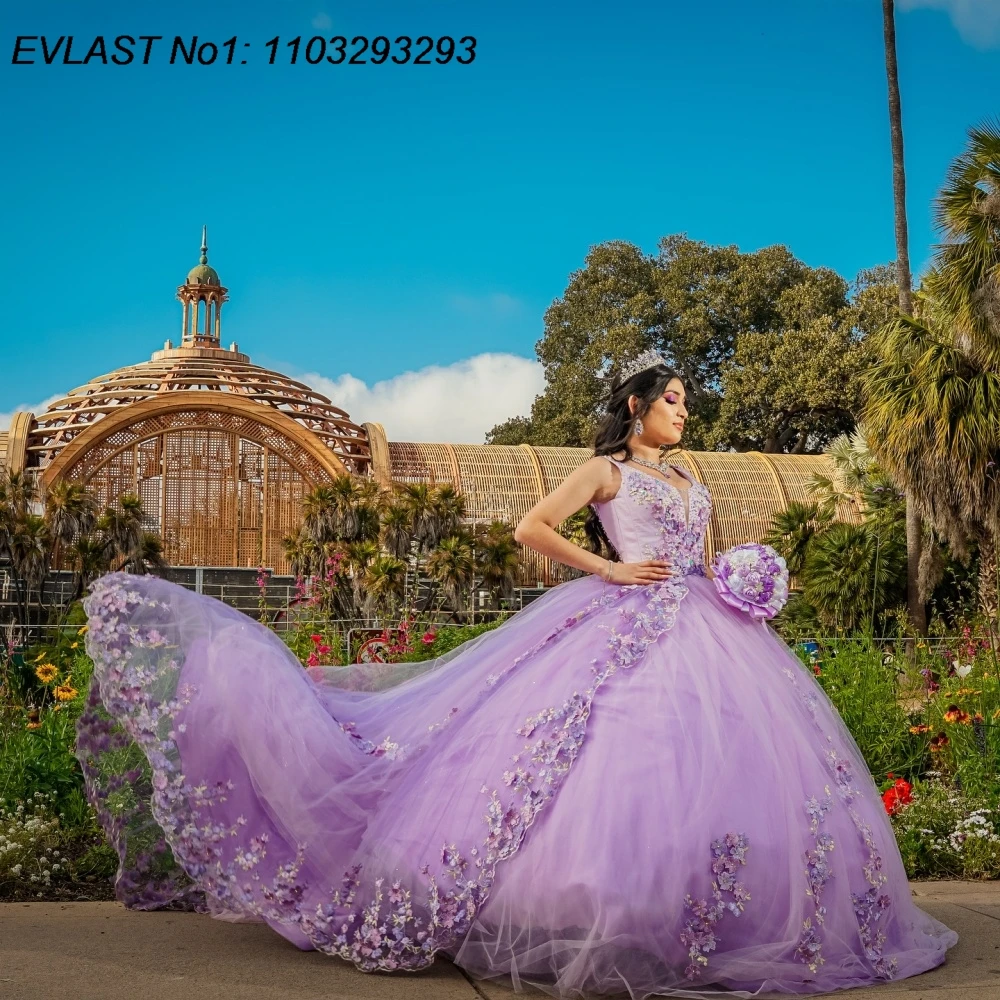 EVLAST Maßgeschneidertes glänzendes lila Ballkleid-Quinceanera-Kleid mit Blumenapplikationen und Perlenstickerei, abgestuft, Sweet 16, Vestidos de 15 Anos E1QN13