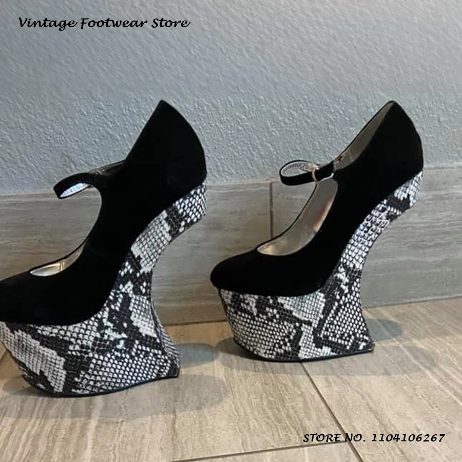 Faux Suede Snake Print Platform Pumps Round  Toe Strange Style Heel Mary Janes Shoes Women's Belt Buckle Shallow High Heels